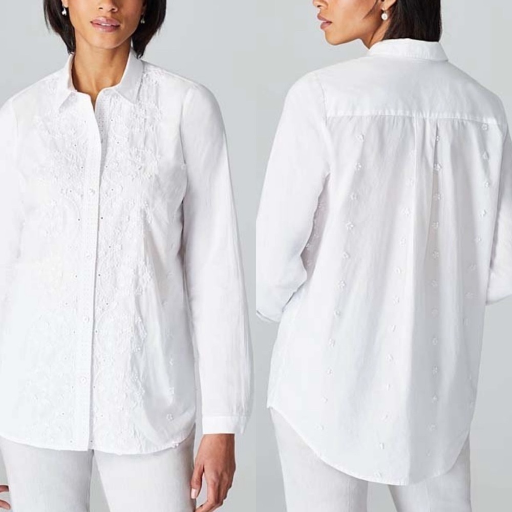 🆕 J. Jill White Embroidered Long Sleeve Button Down Blouse